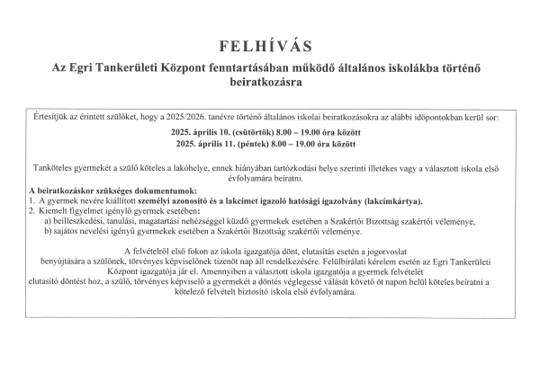 Tájékoztató tankötelessé váló gyermekek iskolába történő beiratkozásáról